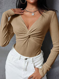 Twisted V-Neck Long Sleeve Blouse - felvior