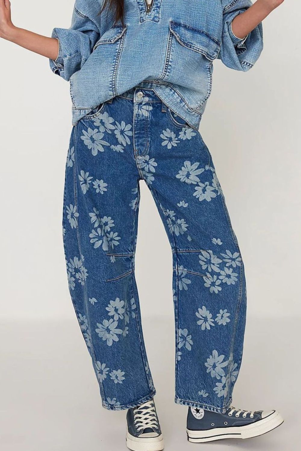 Flower Print Wide Leg Jeans - felvior