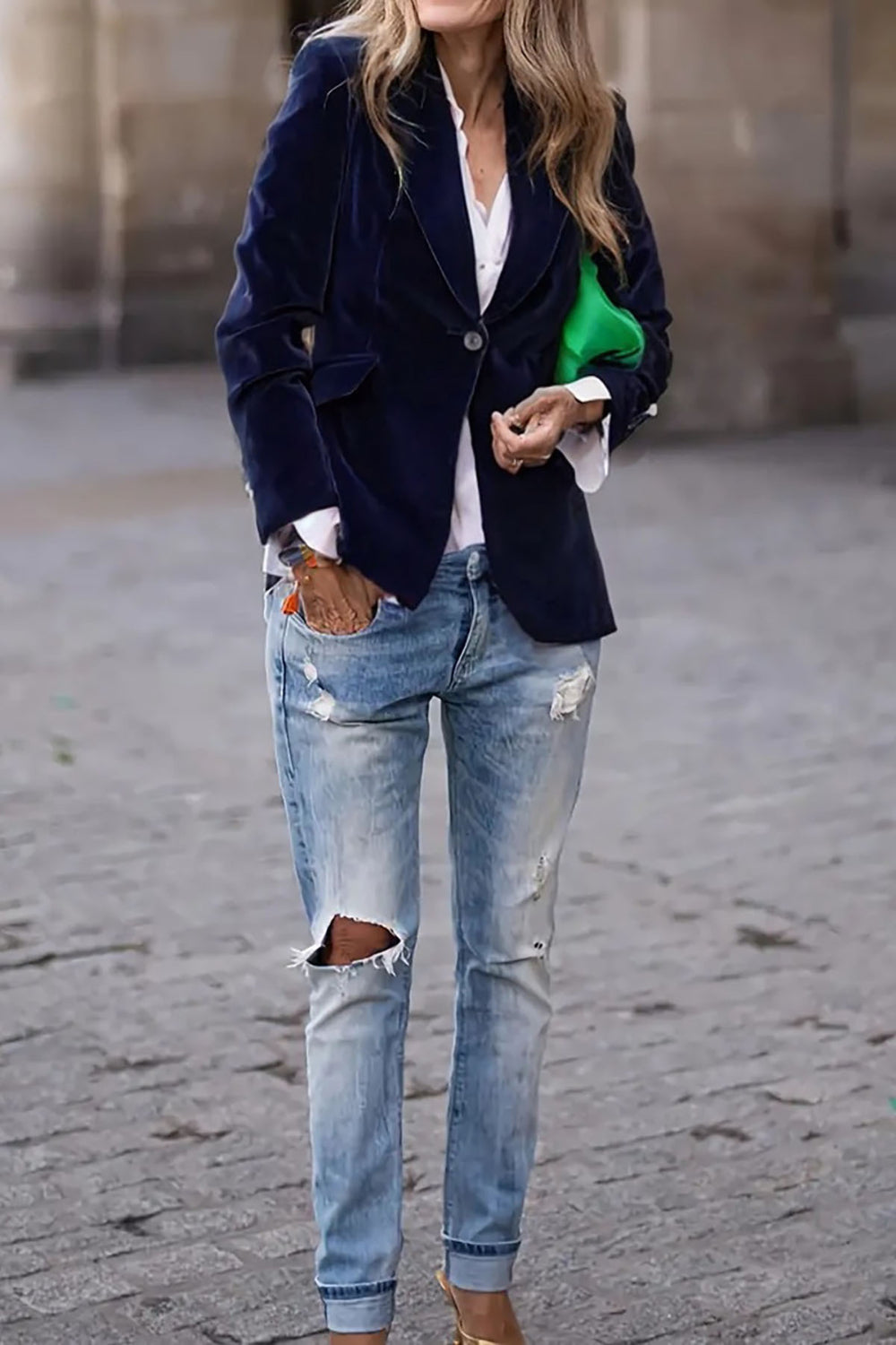 One Button Lapel Collar Long Sleeve Blazer - felvior