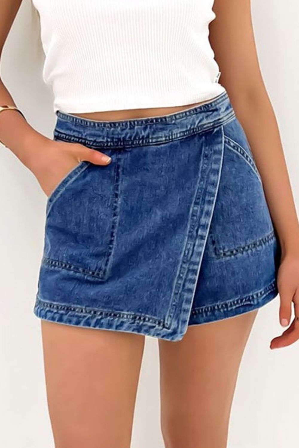 Asymmetrical Denim Skort with Pockets - felvior