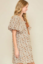 Umgee Full Size Lace Tape Drawstring Floral Puff Sleeve Mini Dress Plus Size