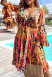 Printed Flare Sleeve Ruffled Hem Dress - felvior