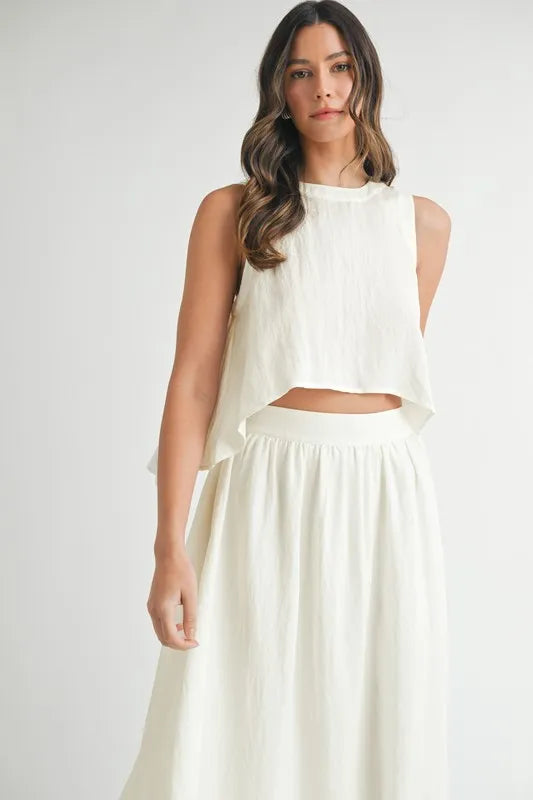 MABLE Wrinkled Round Neck Swing Top and Skirt Set - felvior