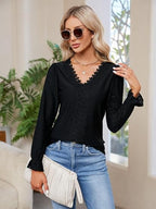 Lace Detail Eyelet V-Neck Flounce Sleeve Blouse