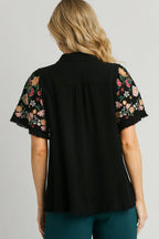 Umgee Full Size Linen Shirt with Embroidered Sleeves Plus Size