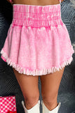 Washed Wide Smocked Waistband Frayed Denim Shorts - felvior