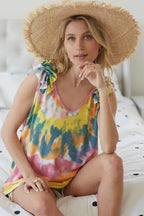 BiBi Circular Tie Dye Knit V Neck Top With Ruffle