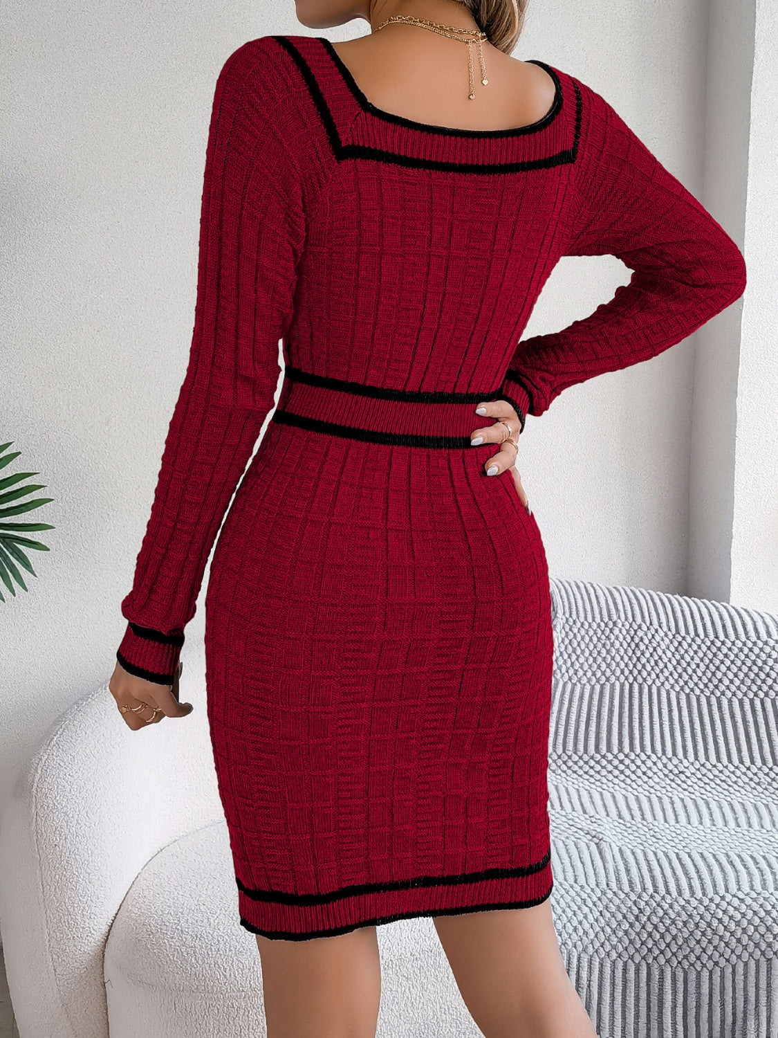 Contrast Trim Long Sleeve Sweater Dress - felvior
