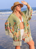 Plus Size Fringe Open Front Cover-Up - felvior