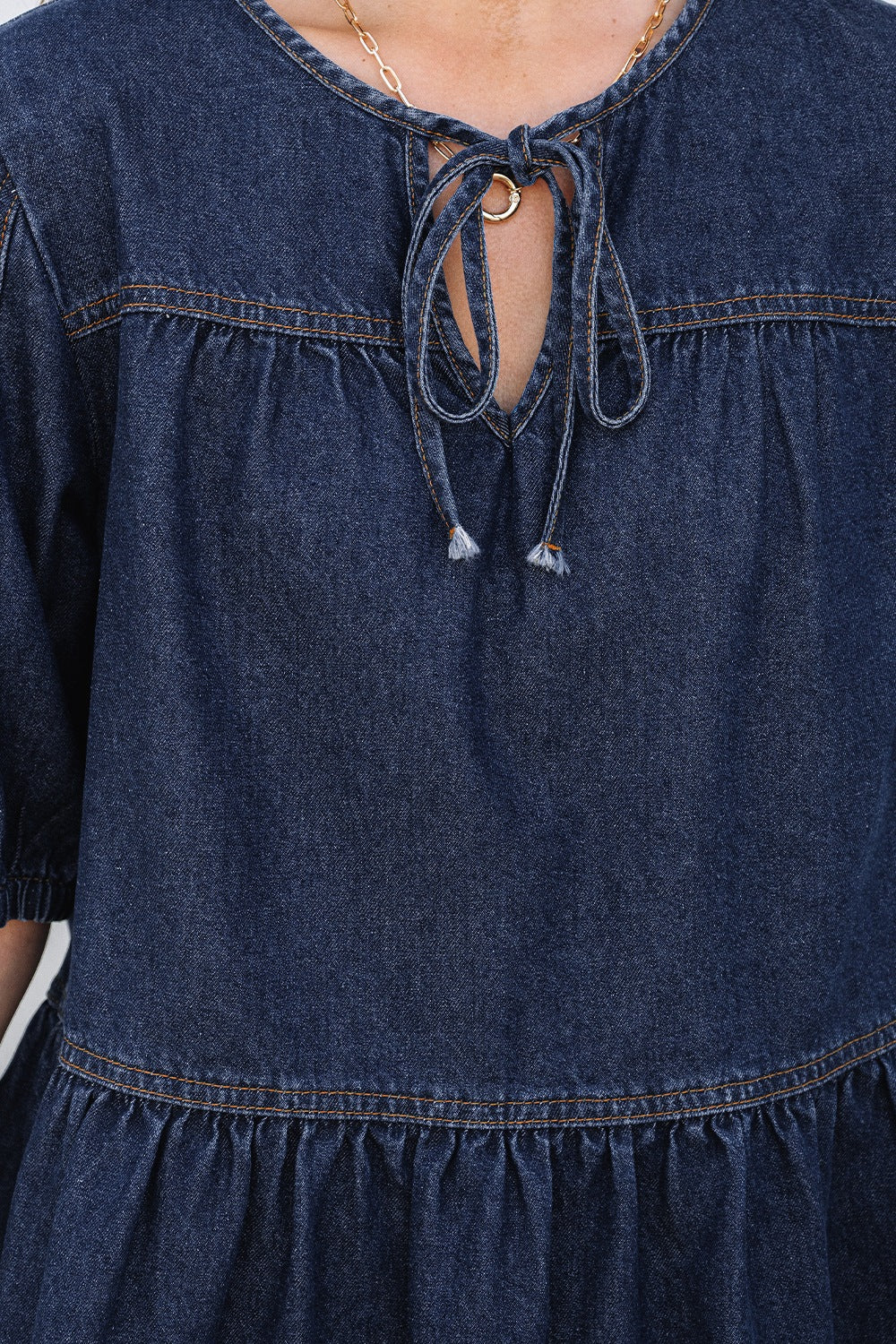 Tie Neck Babydoll Denim Top - felvior