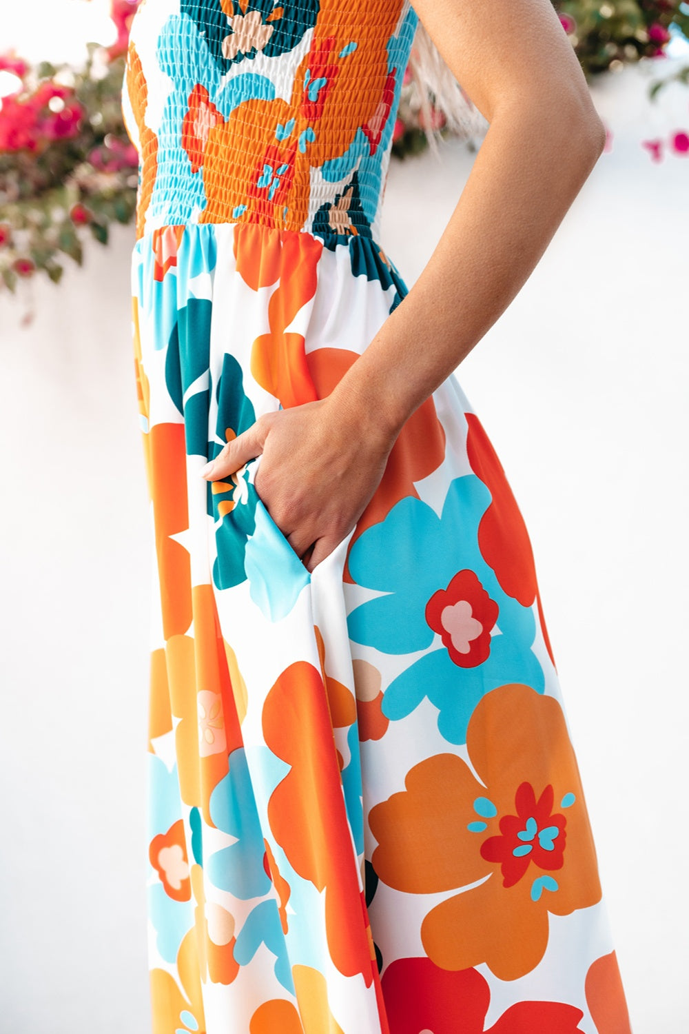 Smocked Printed Square Neck Dress - felvior