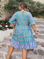 Plus Size Ruffled Hem Lace Detail Printed Half Sleeve Dress