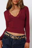 Lace Detail V-Neck Long Sleeve T-Shirt - felvior