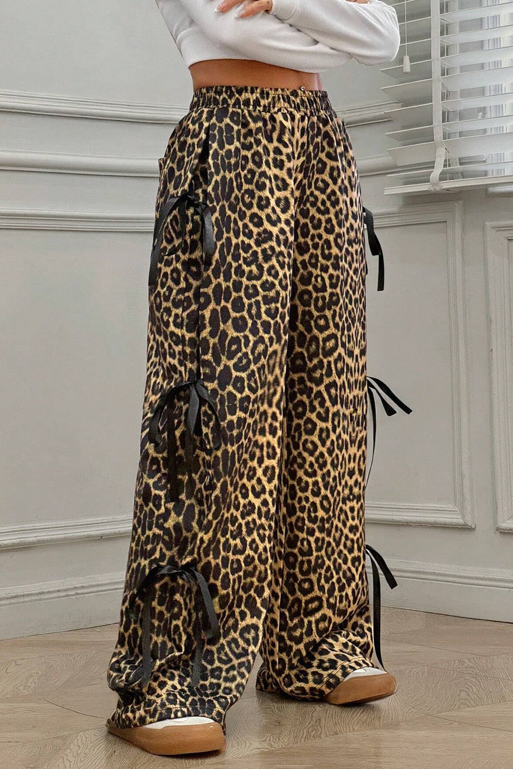 Leopard Bow Tie Elastic Waist Pants