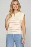 She + Sky Full Size Ribbed Hem Striped Half Zip Sweater Vest Plus Size