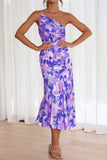 Ruched Printed Single Shoulder Midi Dress - felvior