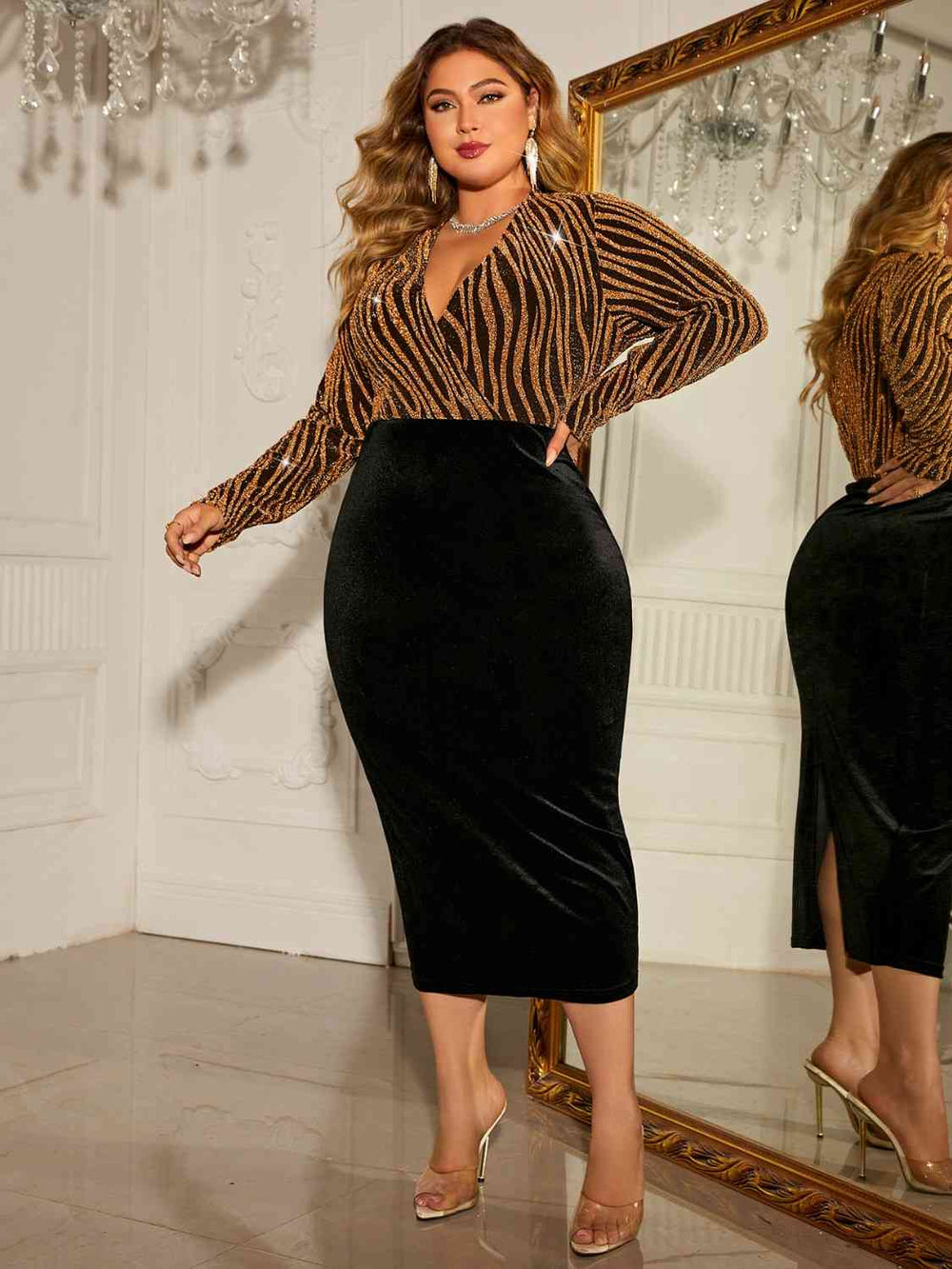 Honey Plus Size Surplice Neck Long Sleeve Slit Dress - felvior
