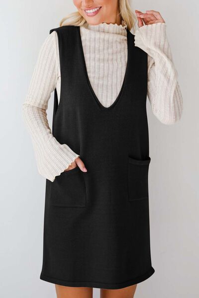 Lovelet Pocketed V-Neck Mini Sweater Overall Dress