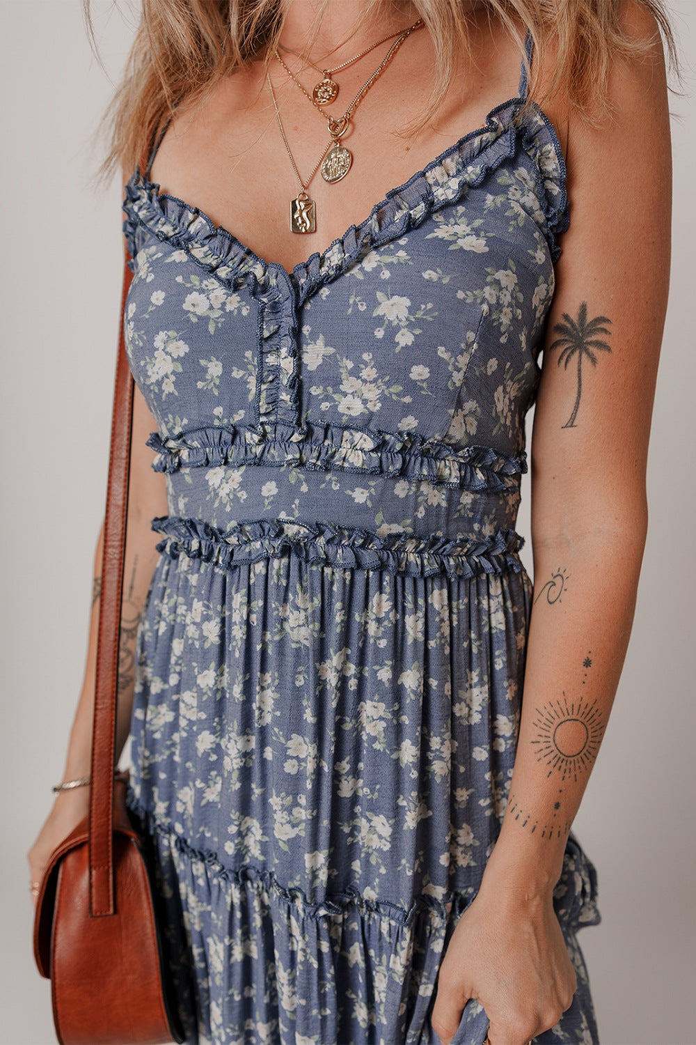 Floral Spaghetti Strap Frilled V Neck Tiered Midi Dress - felvior