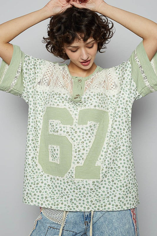 POL Number Floral Crochet Button Detail Half Sleeve Top - felvior