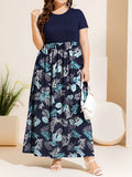 Plus Size Printed Round Neck Short Sleeve Maxi Dress - felvior