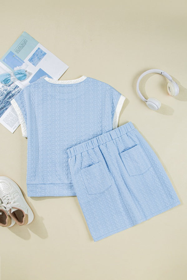 Contrast Trim Textured Crewneck Tee and Pocketed Skirt Set - felvior