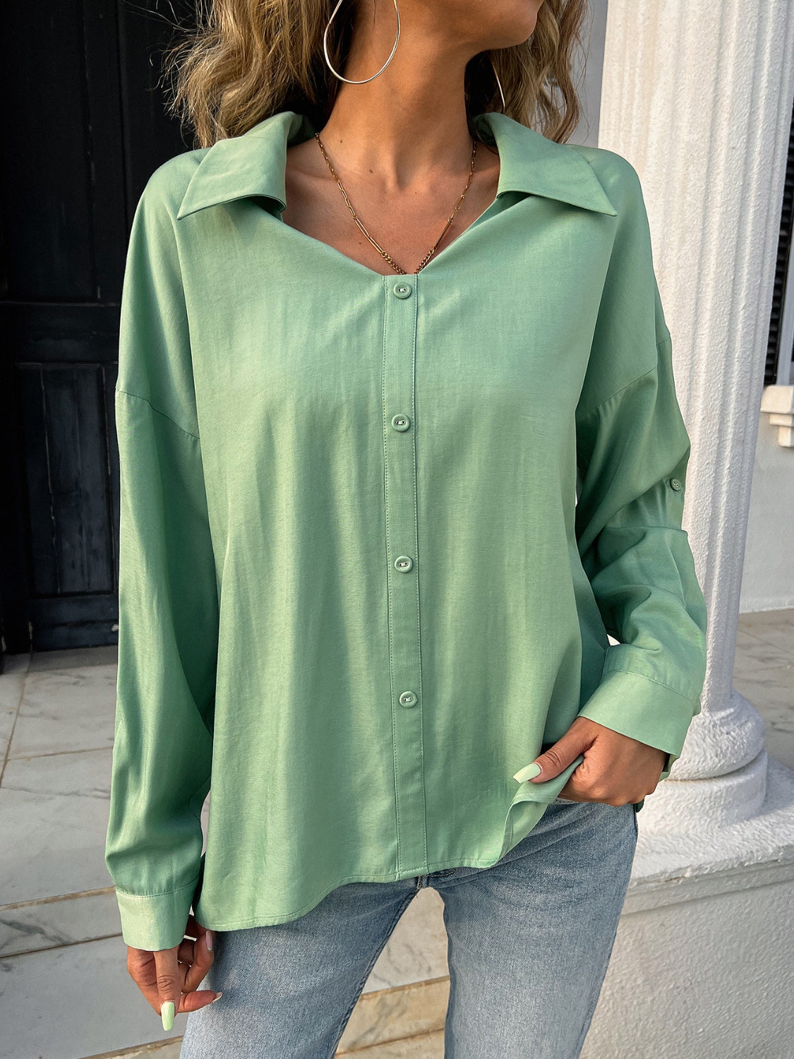 Button Down Collared Neck Long Sleeve Shirt - felvior
