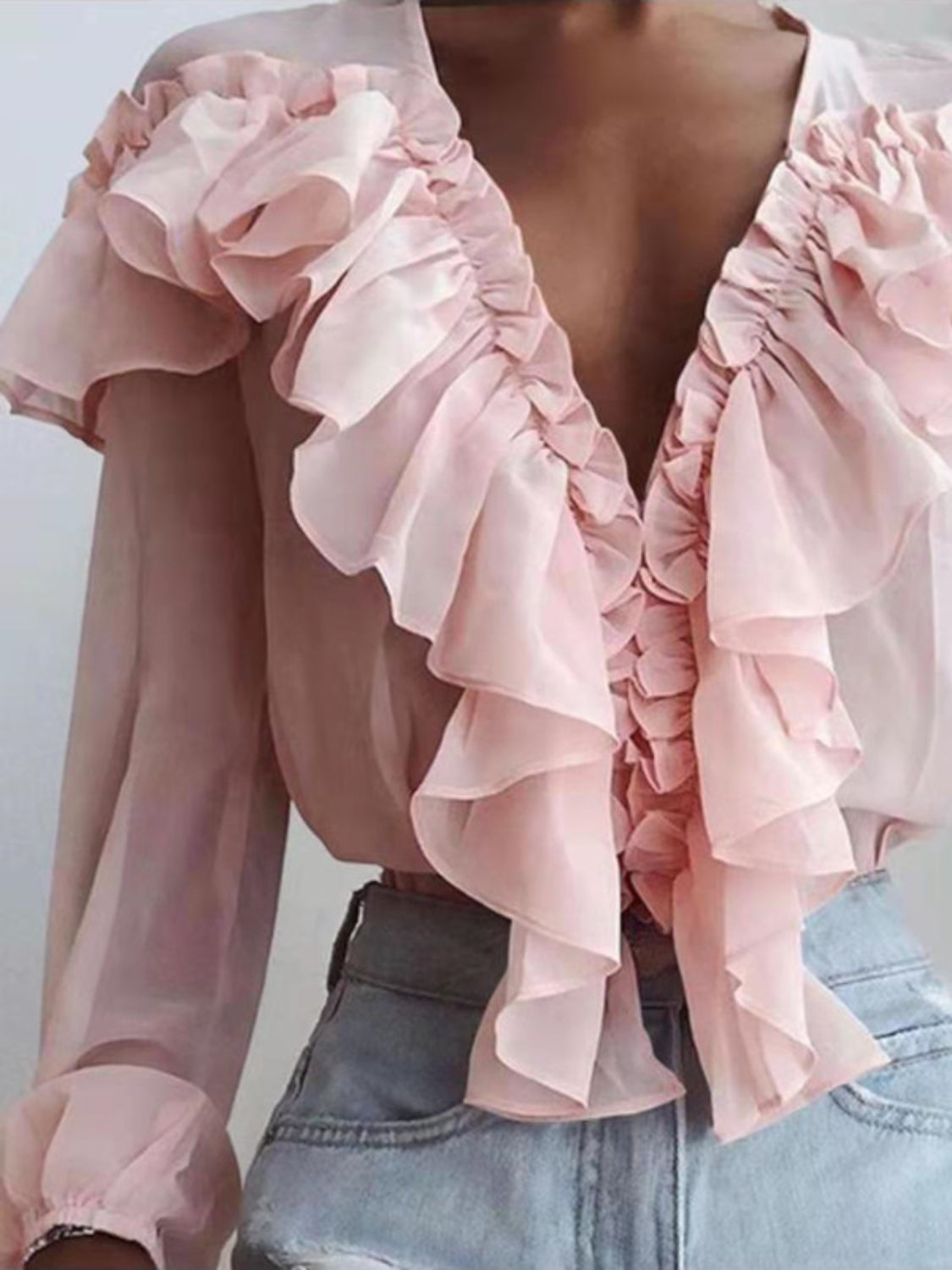 Ruffled V-Neck Long Sleeve Blouse