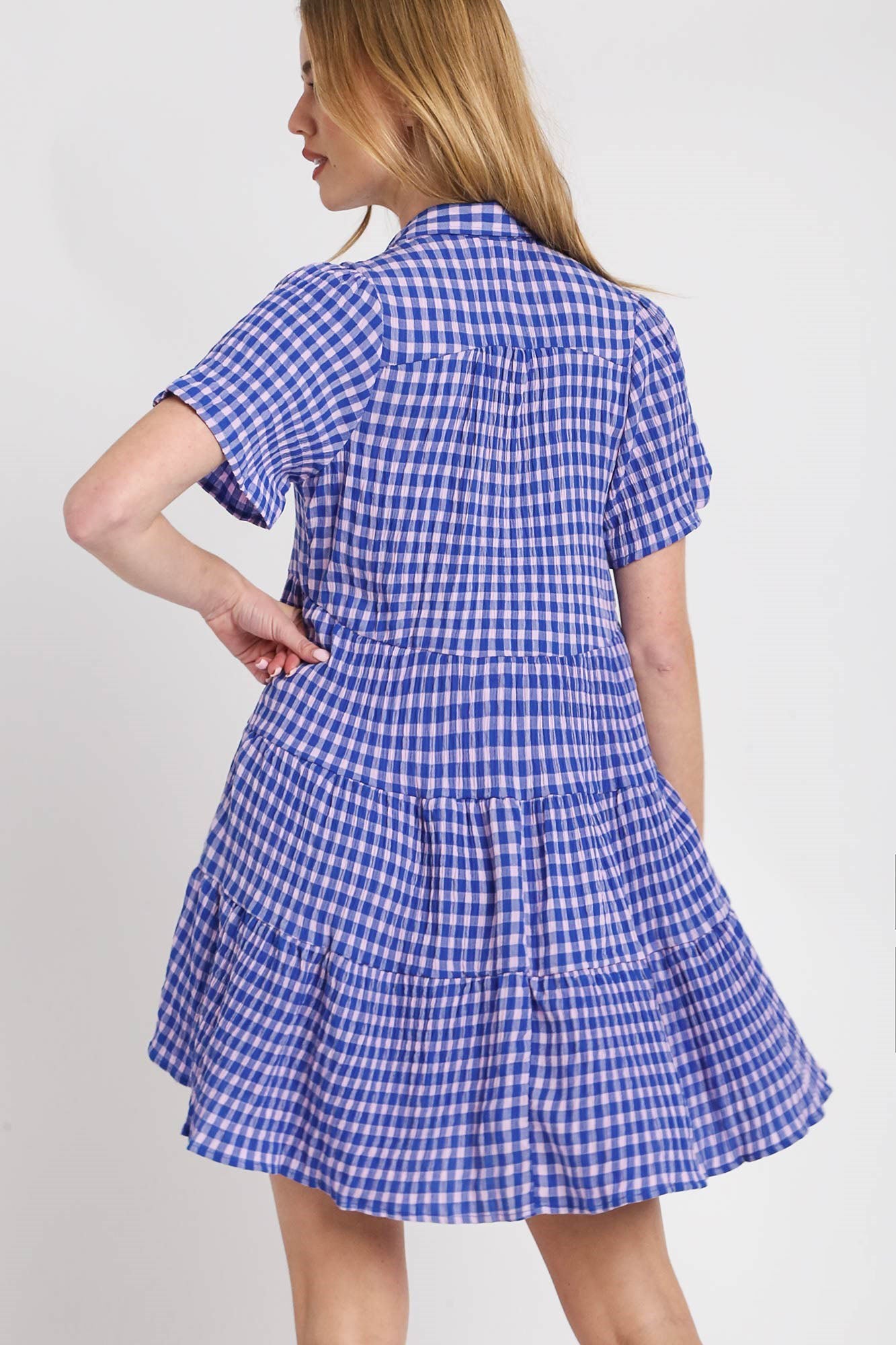 Umgee Full Size Gingham Tiered Button Detail Short Sleeve Dress Plus Size Secondary image