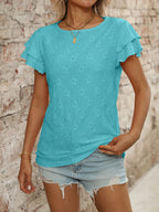 Eyelet Round Neck Double Layered Ruffled Short Sleeve Top