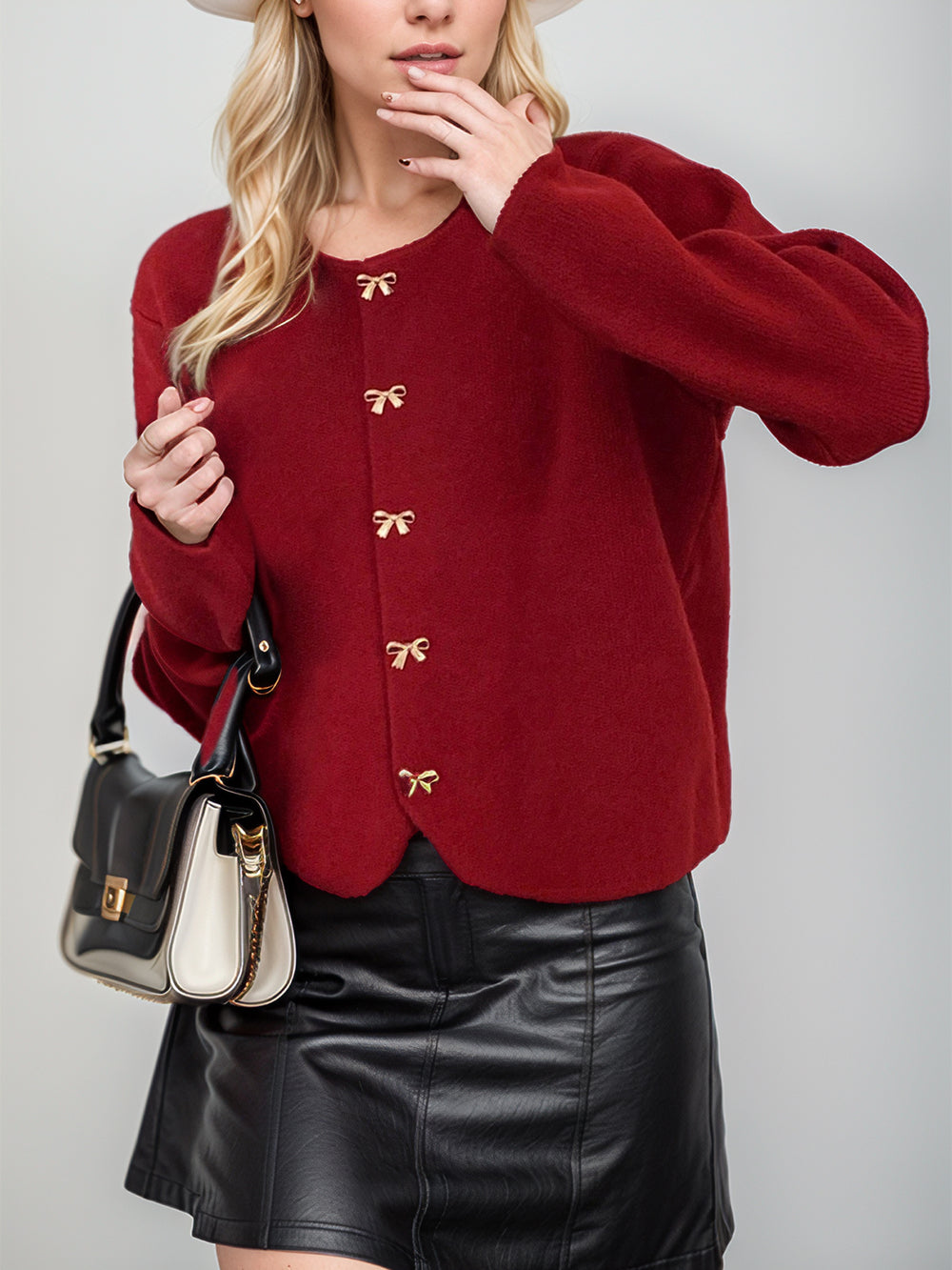 Bow Button Down Round Neck Long Sleeve Cardigan - felvior