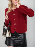 Bow Button Down Round Neck Long Sleeve Cardigan - felvior