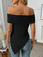 Ribbed Off-Shoulder Asymmetrical Hem T-Shirt