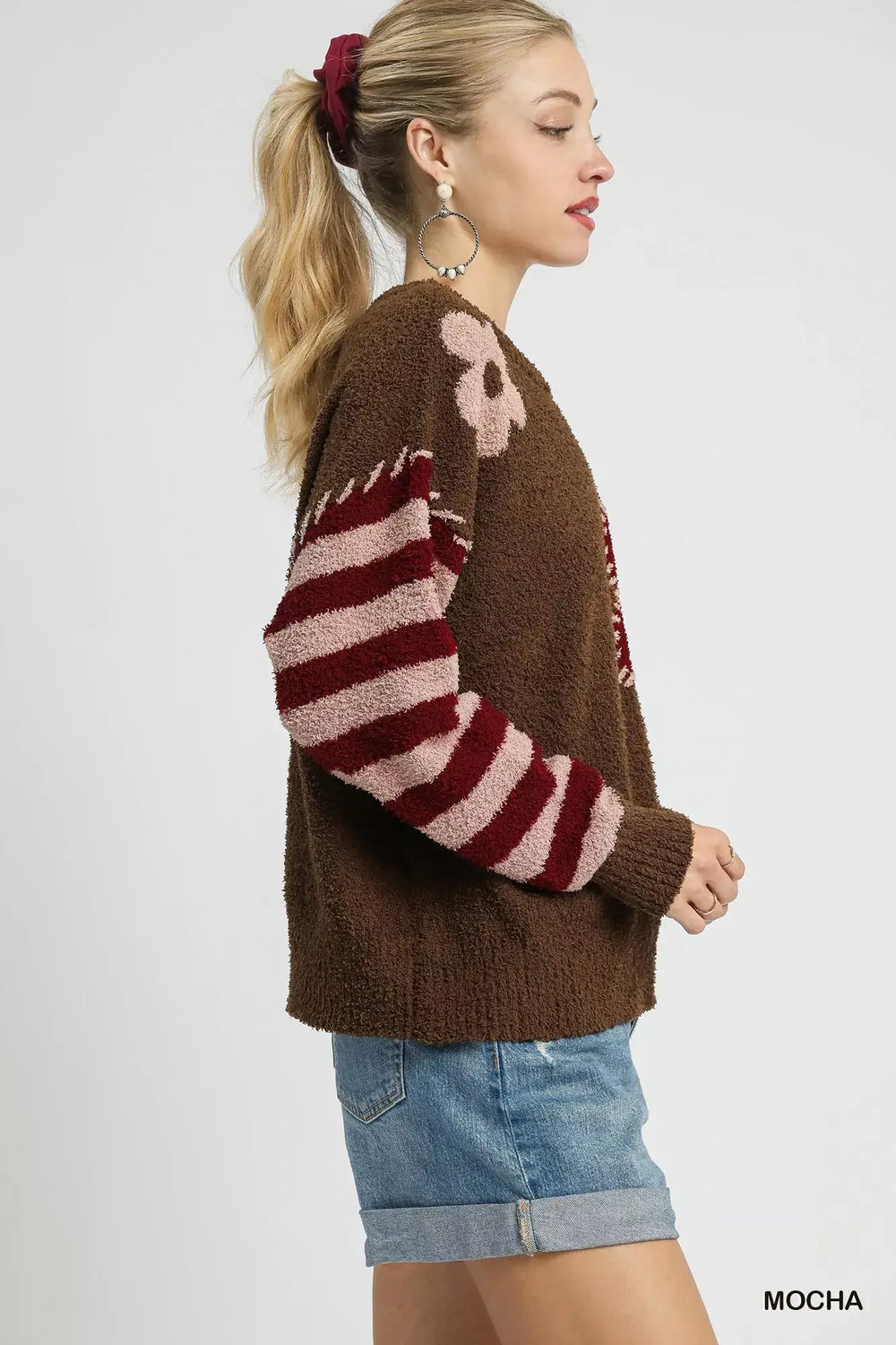 Umgee Flower Jacquard Striped Long Sleeve Sweater