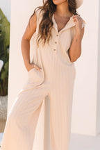 Textured Button Front Wide Leg Cap Sleeve Jumpsuit