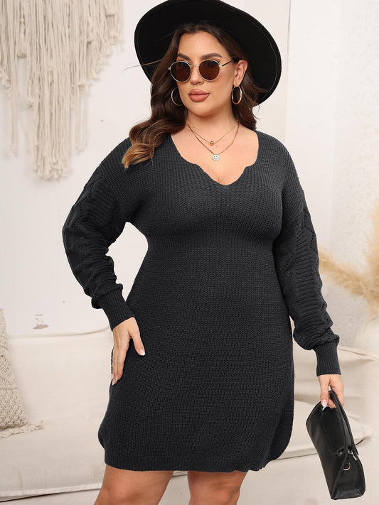 Plus Size Dropped Shoulder Long Sleeve Knit Mini Dress - felvior