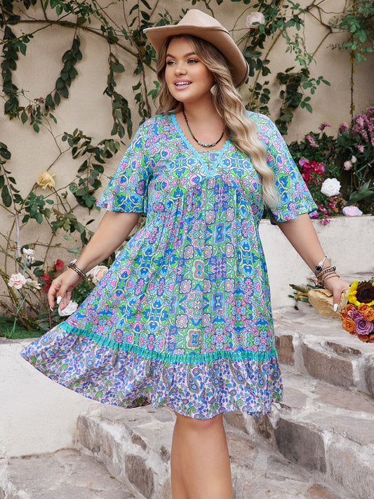 Plus Size Ruffled Hem Lace Detail Printed Half Sleeve Dress - felvior