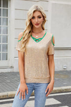 Sequin Crisscross V-Neck Cold Shoulder Blouse