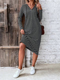 Striped Zip Front Hooded Dress - felvior