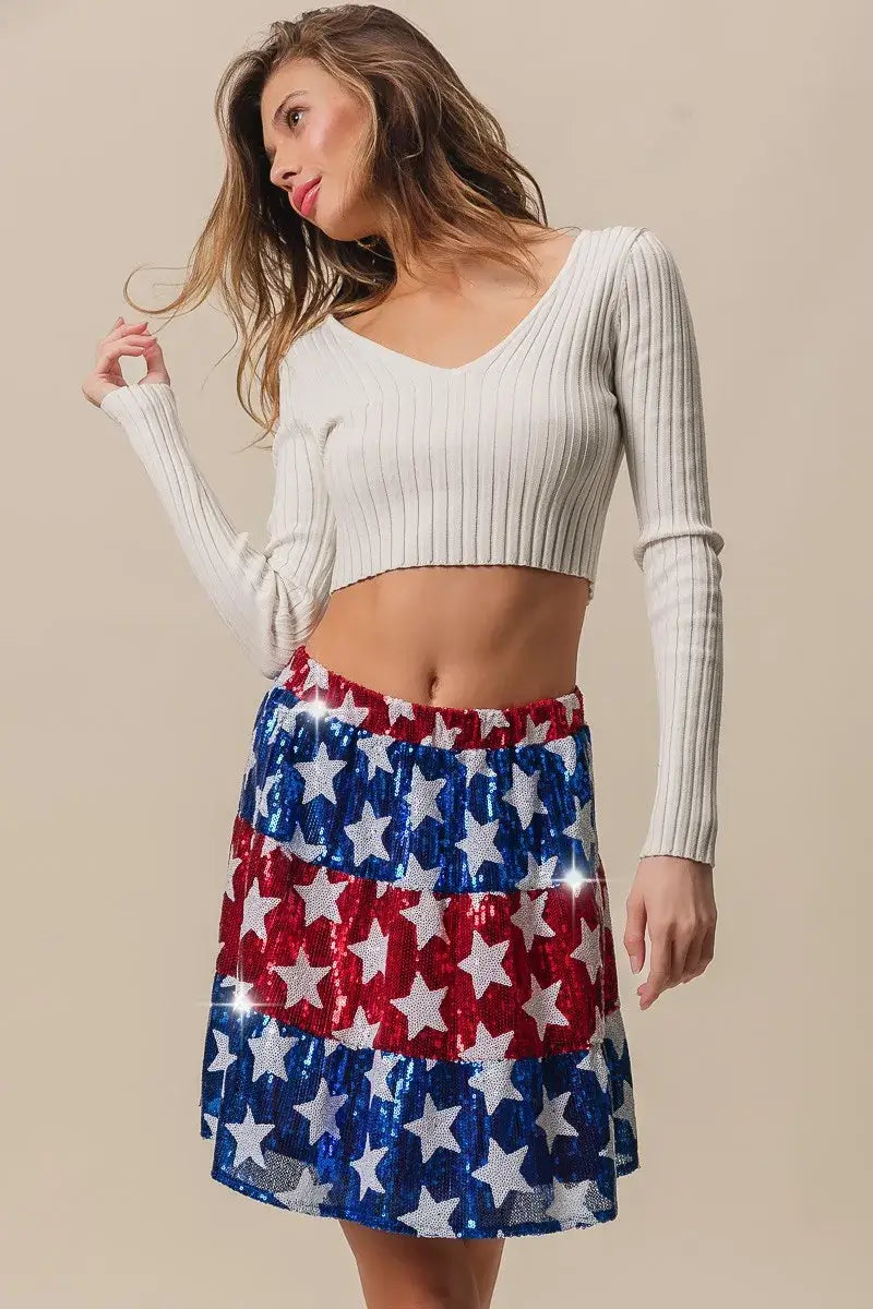 BiBi American Flag Theme Star Sequin Tiered Skirt