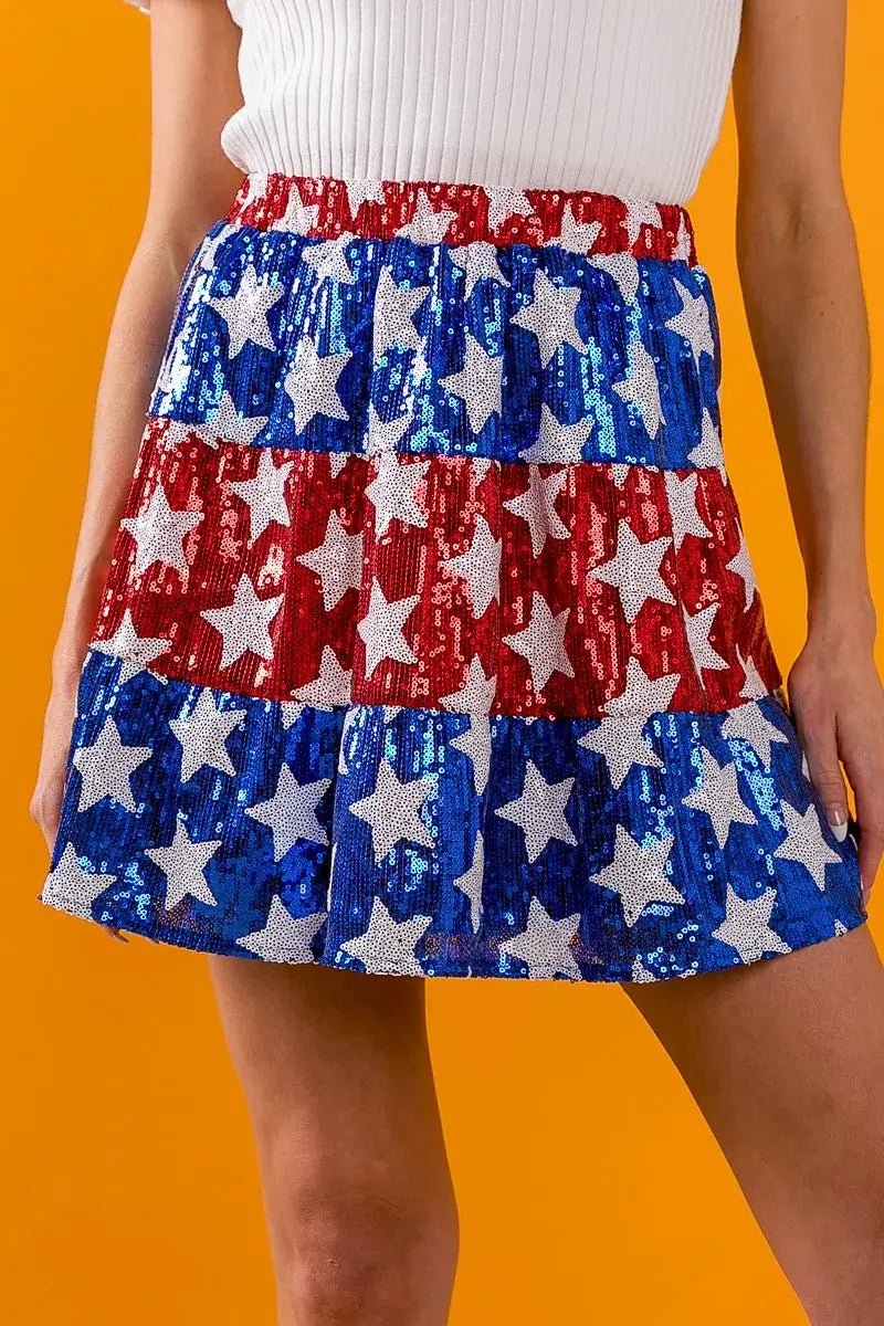 BiBi American Flag Theme Star Sequin Tiered Skirt