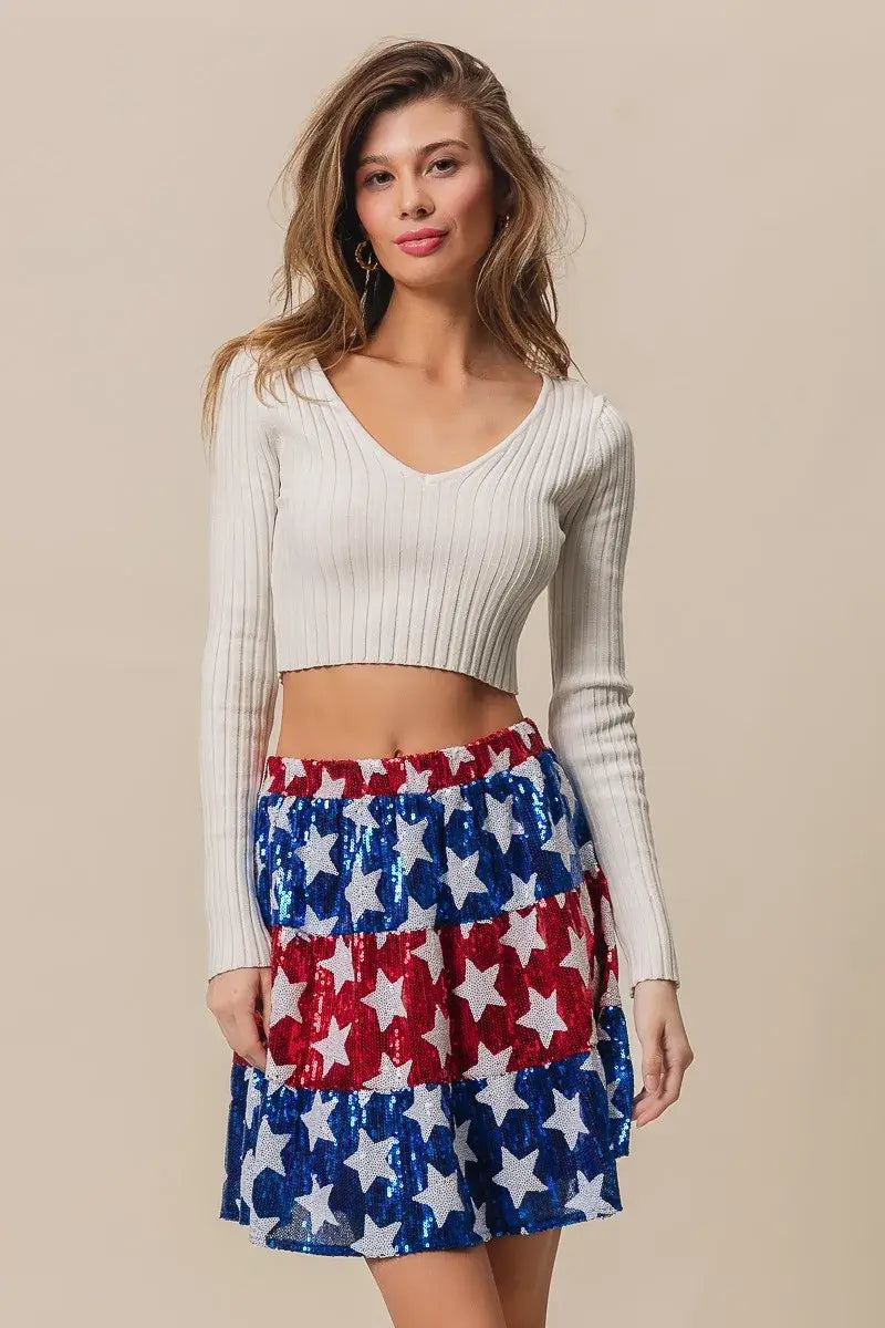 BiBi American Flag Theme Star Sequin Tiered Skirt