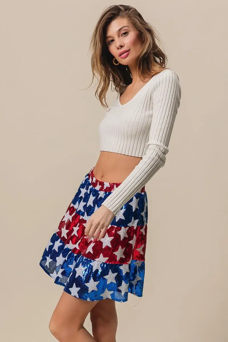 BiBi American Flag Theme Star Sequin Tiered Skirt