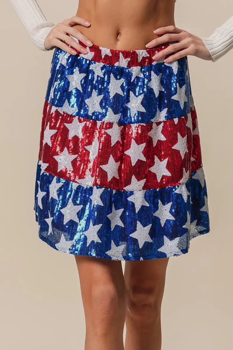 BiBi American Flag Theme Star Sequin Tiered Skirt