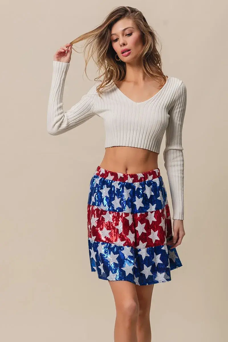 BiBi American Flag Theme Star Sequin Tiered Skirt