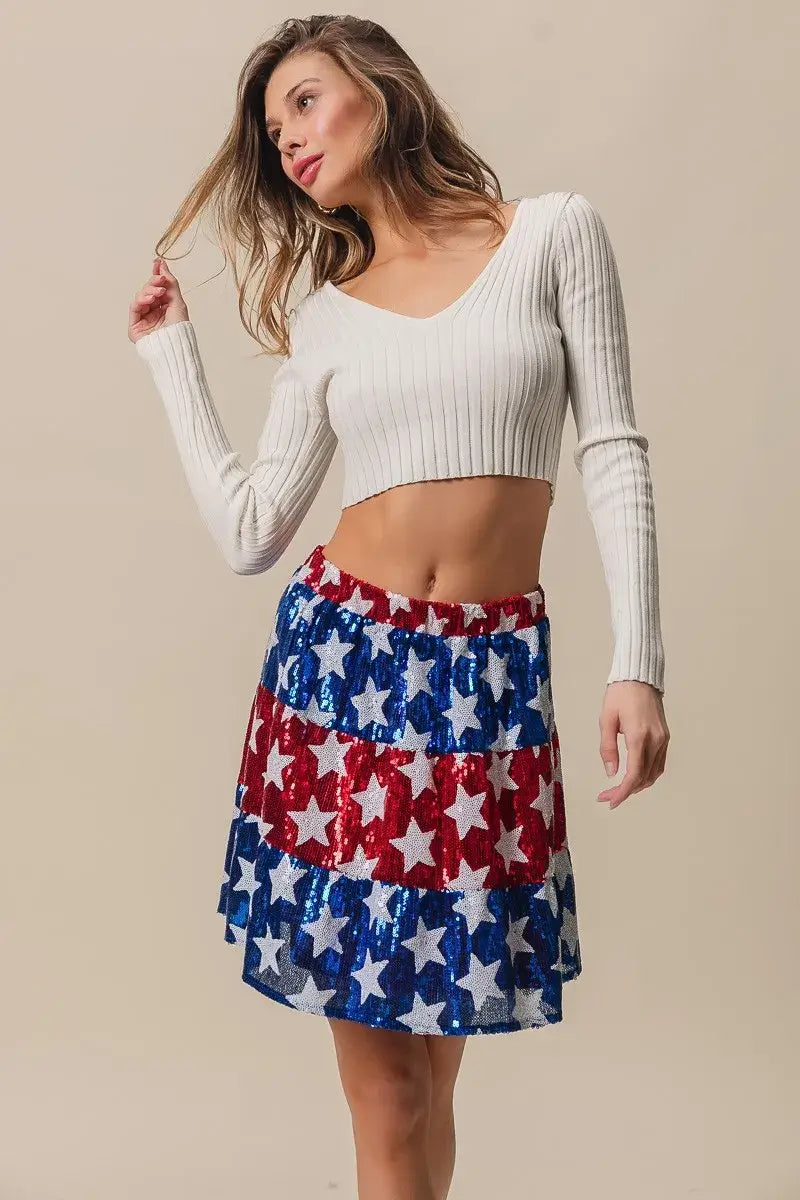 BiBi American Flag Theme Star Sequin Tiered Skirt