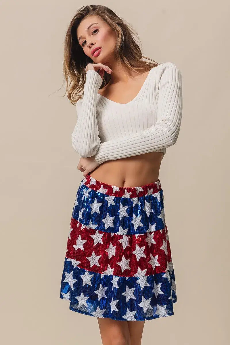 BiBi American Flag Theme Star Sequin Tiered Skirt