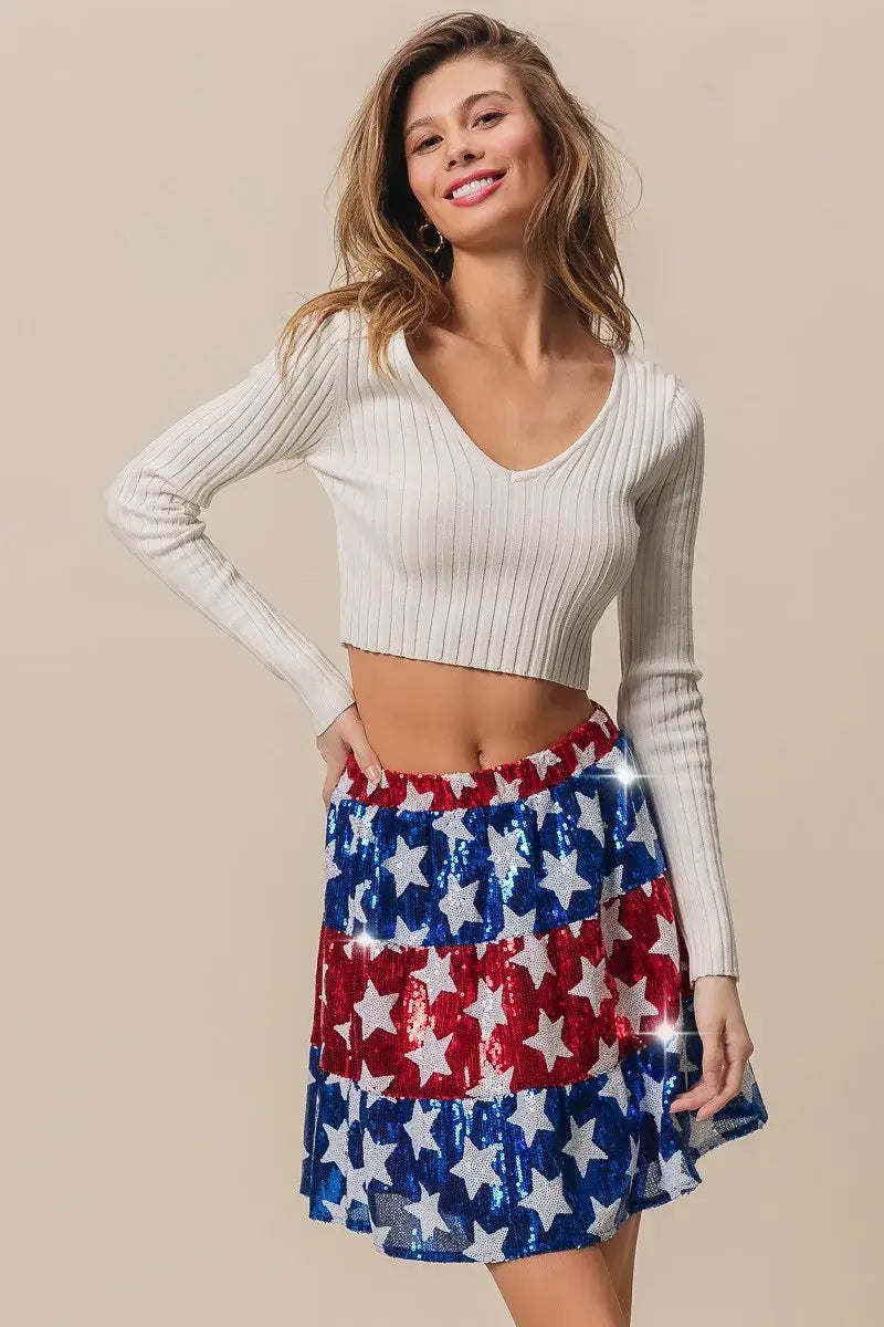 BiBi American Flag Theme Star Sequin Tiered Skirt