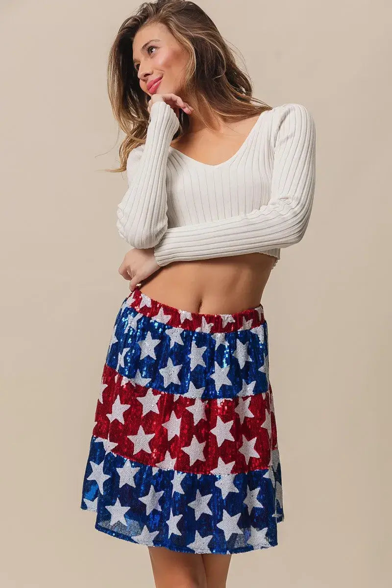 BiBi American Flag Theme Star Sequin Tiered Skirt
