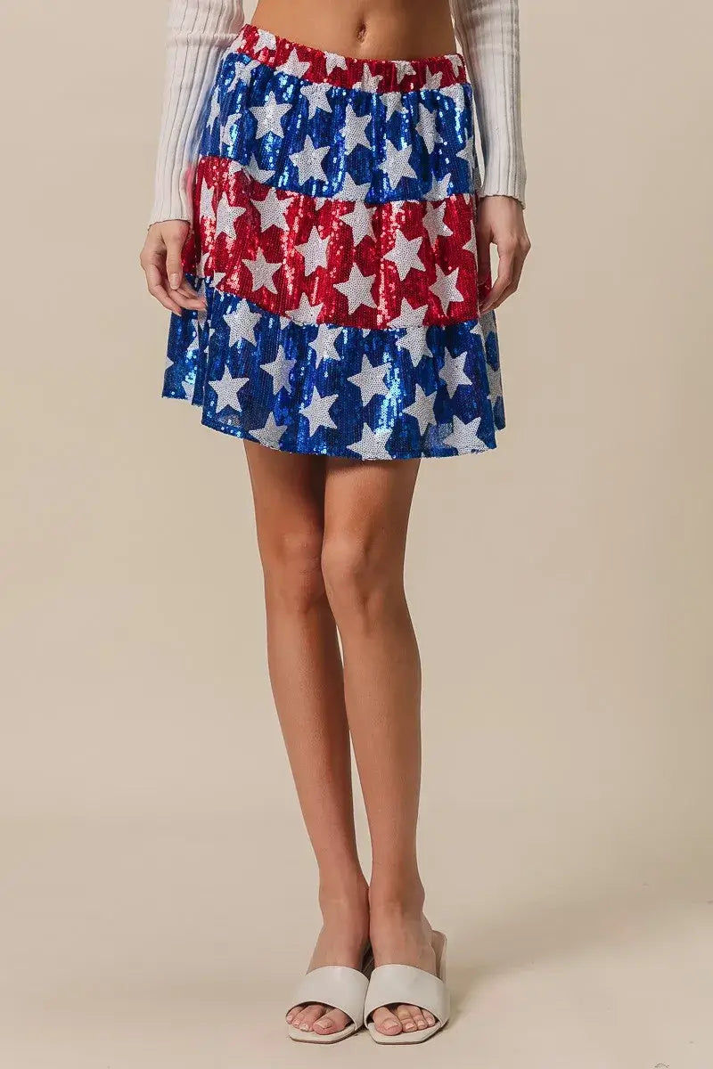BiBi American Flag Theme Star Sequin Tiered Skirt